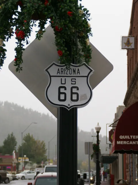 A US Route 66 Arizona shield on a lamp post in downtown Williams, hanging flowers above it