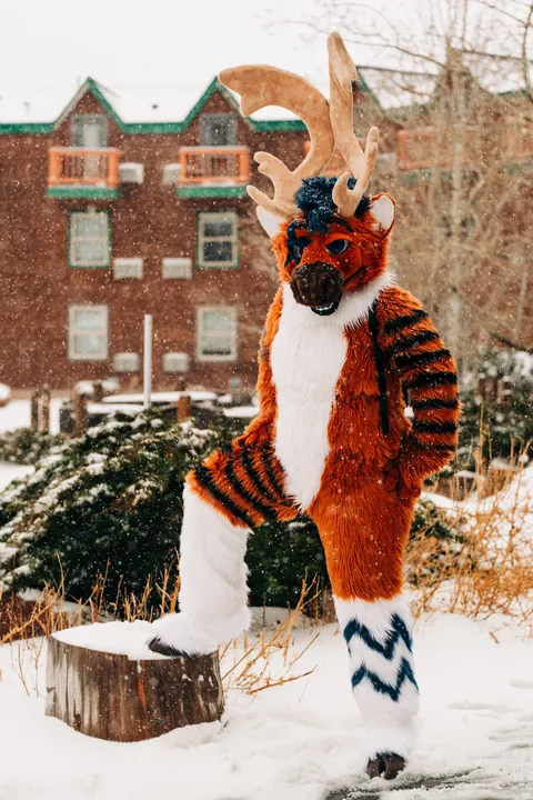 A fursuiter with antlers and orange and white fur posing in falling snow