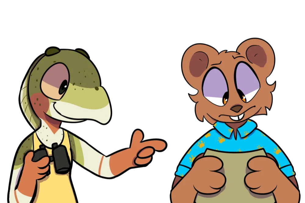 Floppy the trout pointing down the road while John Flop the beaver reads a map